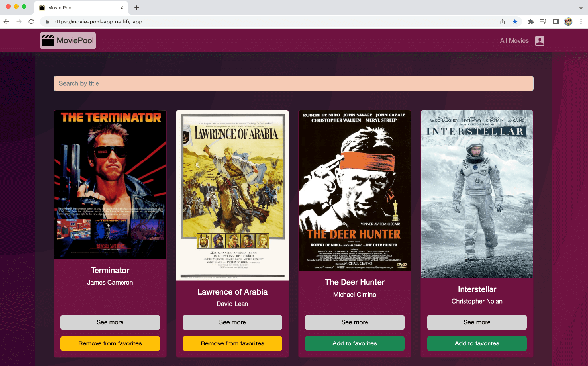 browser window screenshot of the moviepool app